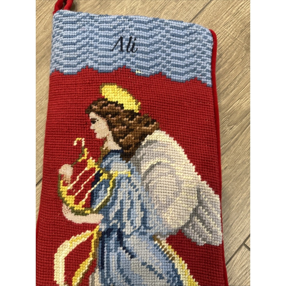 Land's End Needlepoint Wool Christmas Stocking Customized ALI 18" Angel VGT - Picture 2 of 4